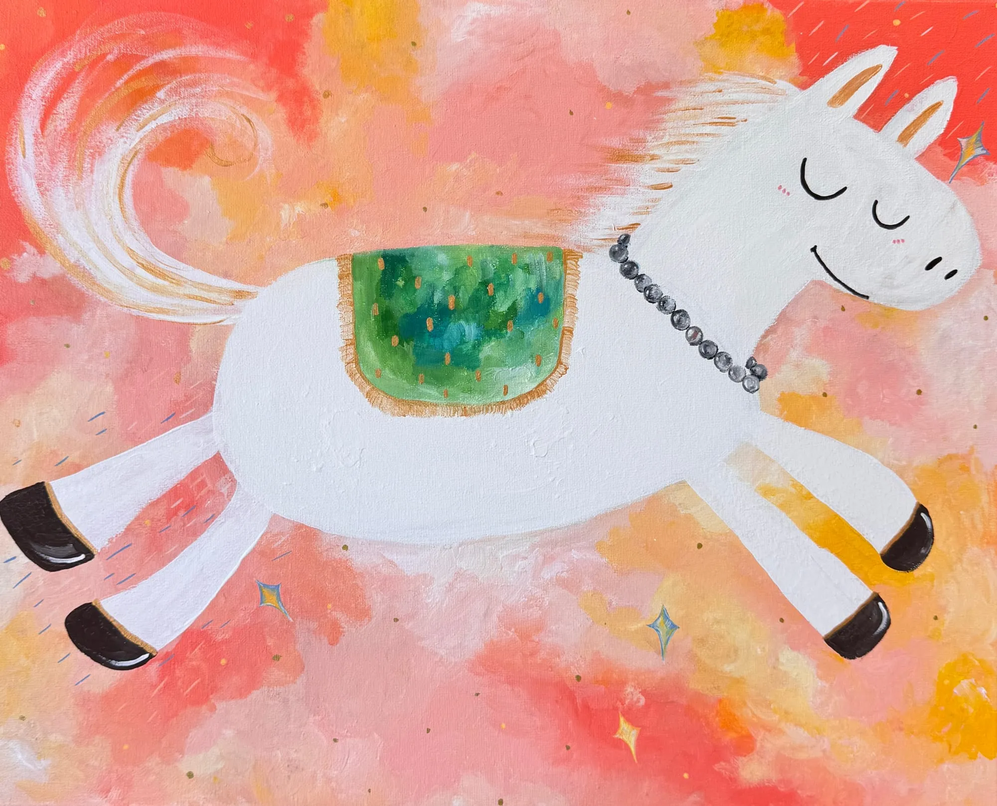 A “Lucky Flying Horse” painting from the January 2026 workshop.